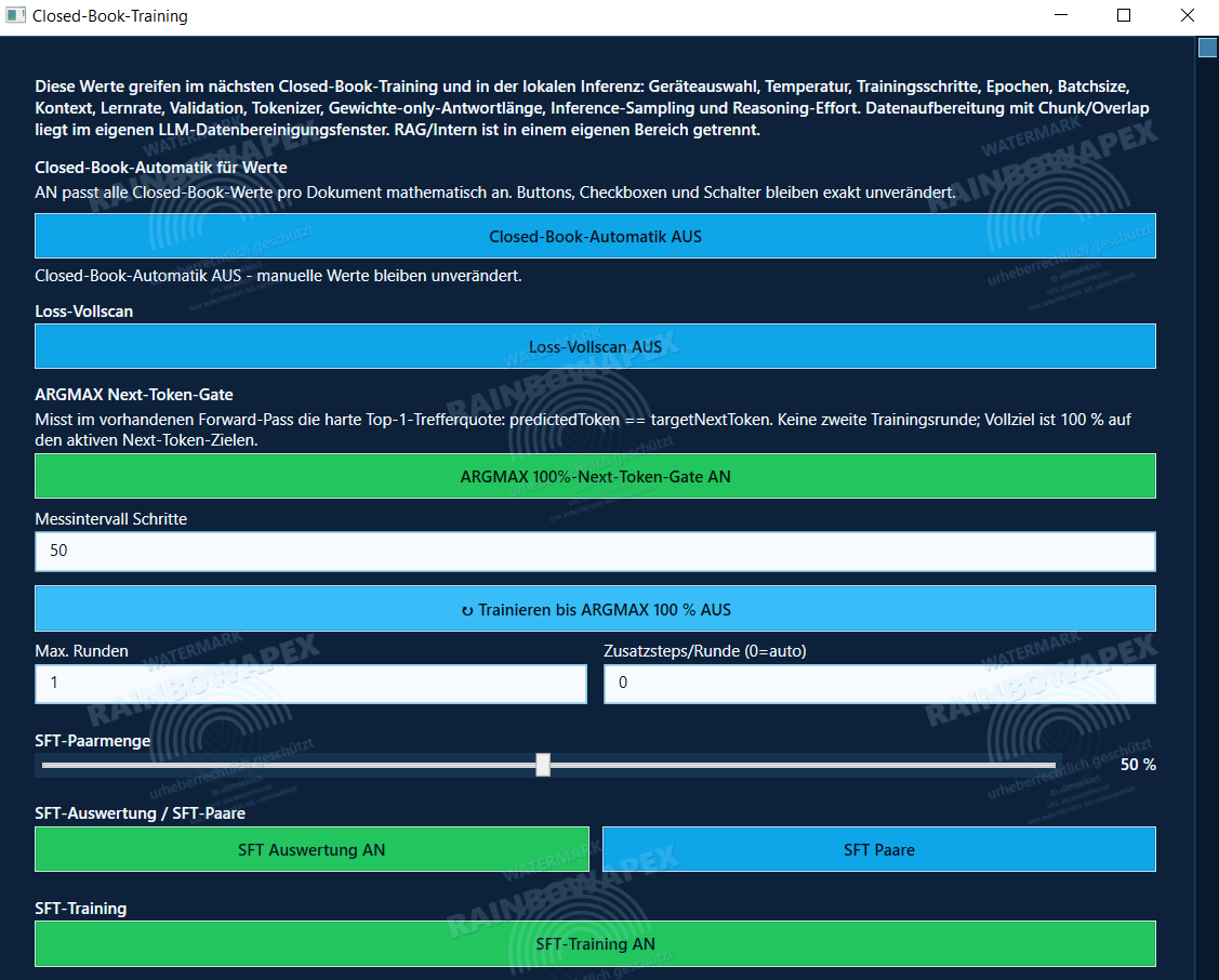 Backend-Einblick in Closed-Book-Training und lokale Systemsteuerung von Rainbow
